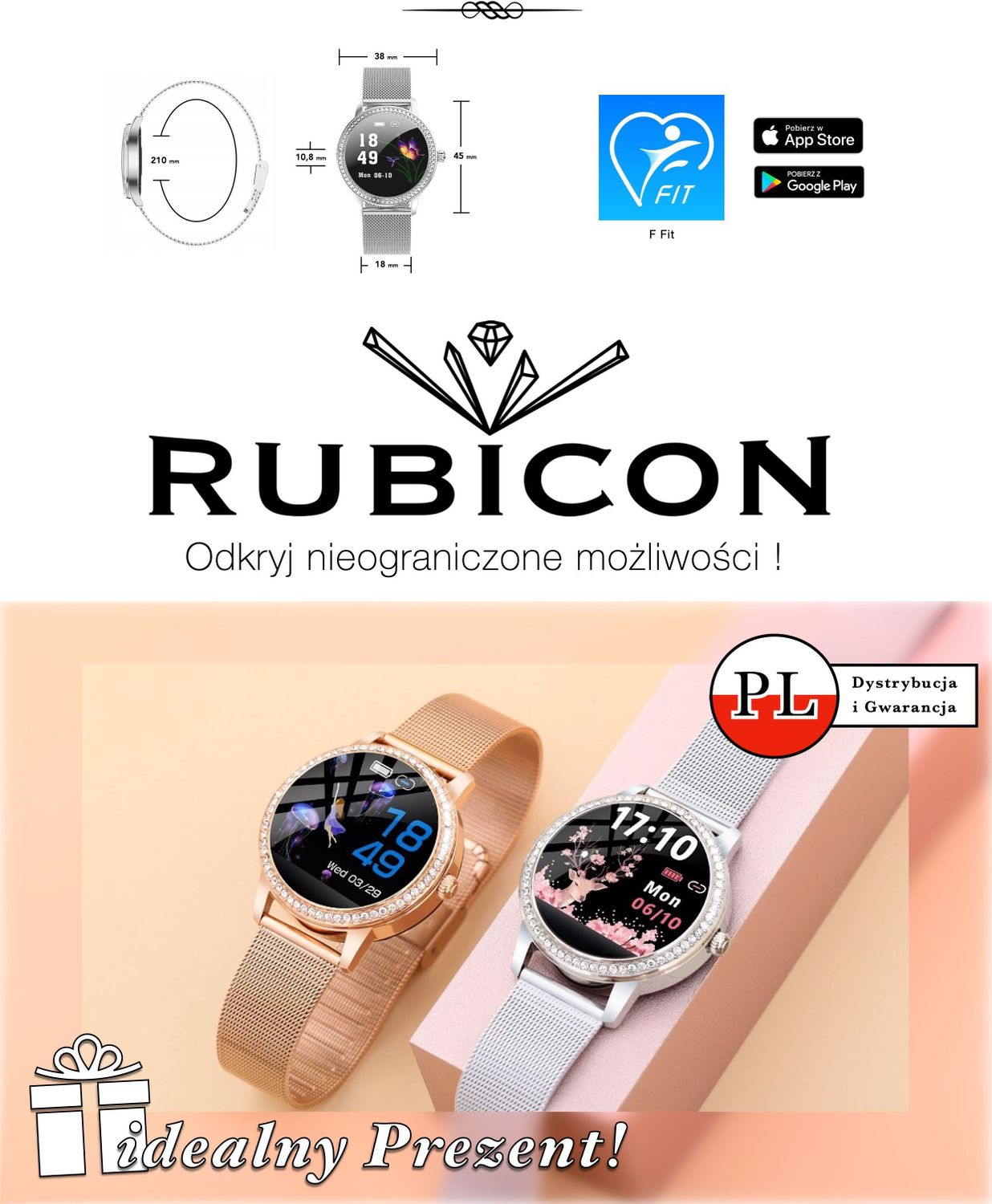 Smartwatch damski na bransolecie w kolorze różowego złota RUBICON RNBE63.jpg